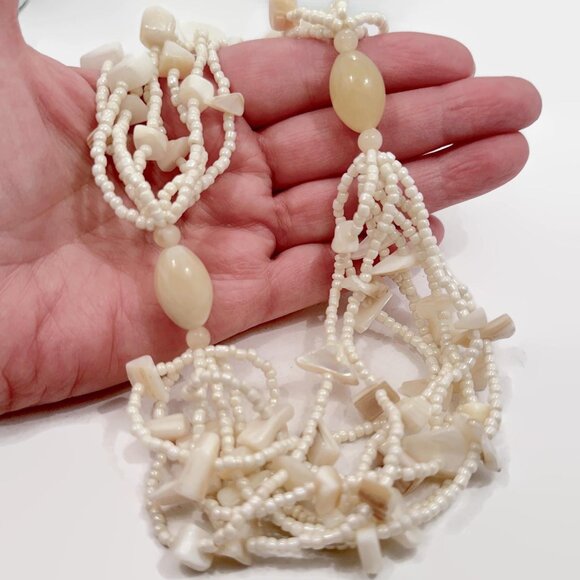 Boho Necklace, Shell, Glass, MOP, Cream, Vintage, Beaded, Multi Strand, Neutral, - Picture 3 of 5